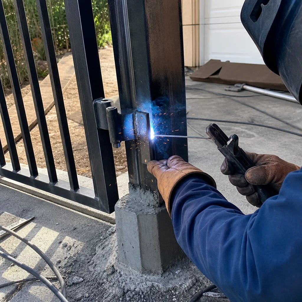 Professional welder performing metal gate hinge installation and repair