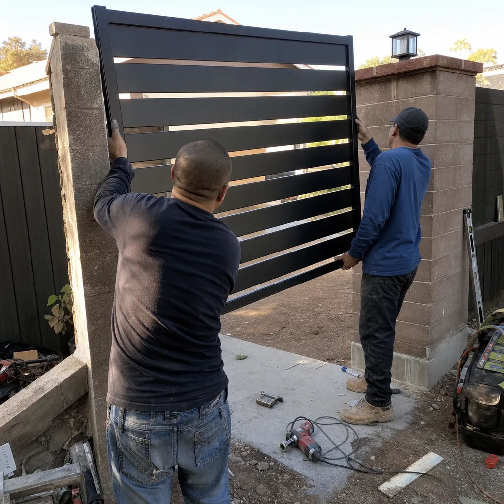 Two contractors performing professional horizontal slat metal gate installation