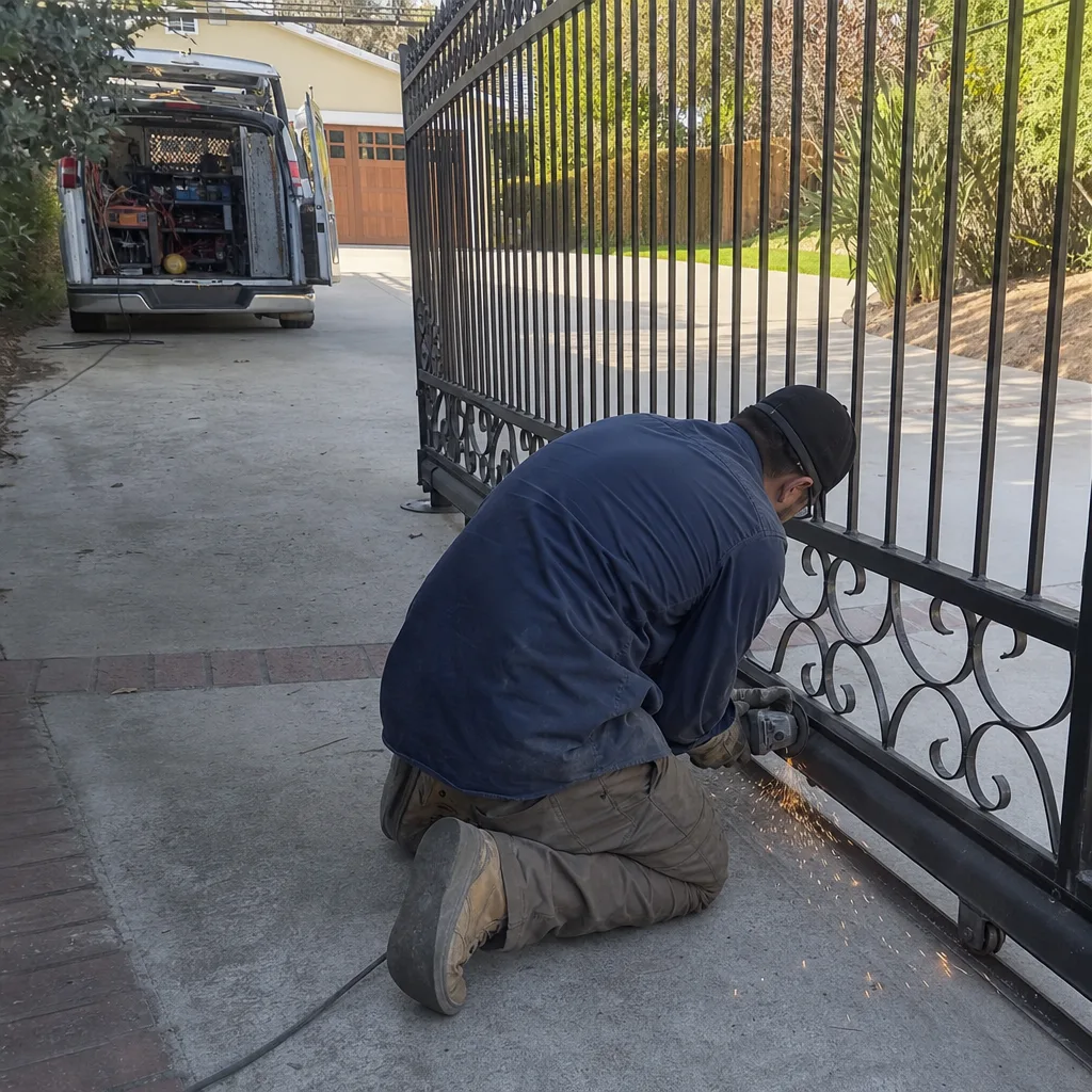 Technician using an angle grinder to perform professional gate repair services