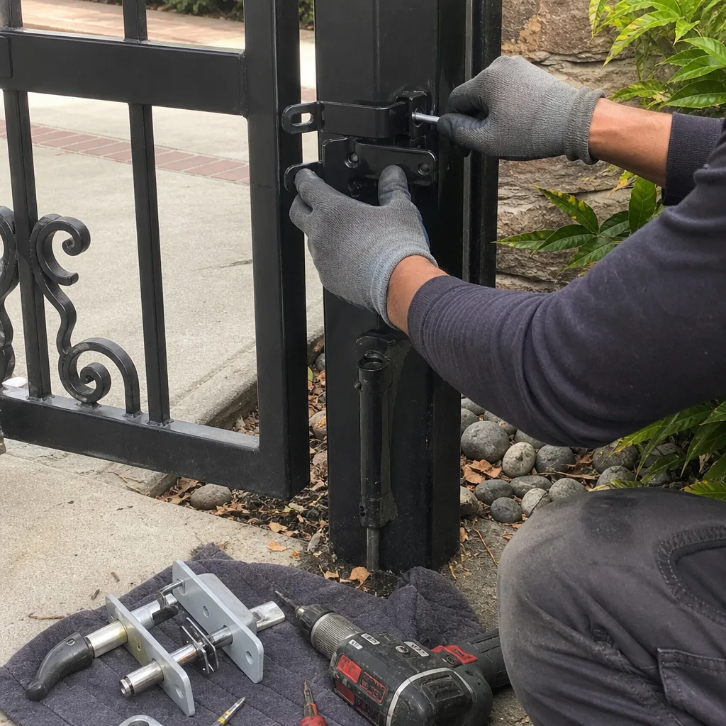 Technician performing professional metal gate latch repair and installation